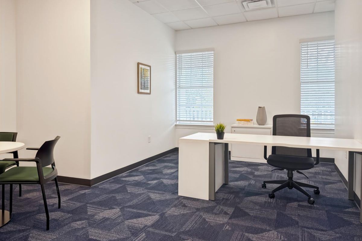 A professional office space featuring patterned carpet tiles, suspended ceiling with recessed lighting, and dual windows with fitted venetian blinds.
