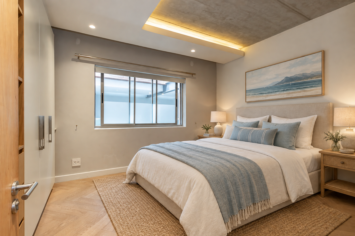 A modern, well-appointed bedroom featuring herringbone timber flooring, built-in wardrobes, and a stylish exposed concrete ceiling with integrated ambient lighting.