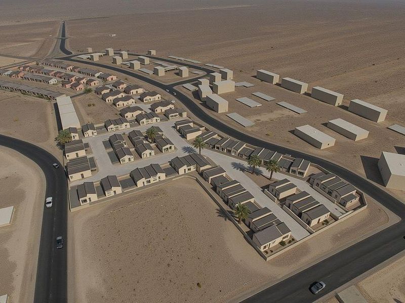 Aerial view of a residential townhouse development featuring paved access roads, boundary walls, and landscaped palm trees in a desert setting.