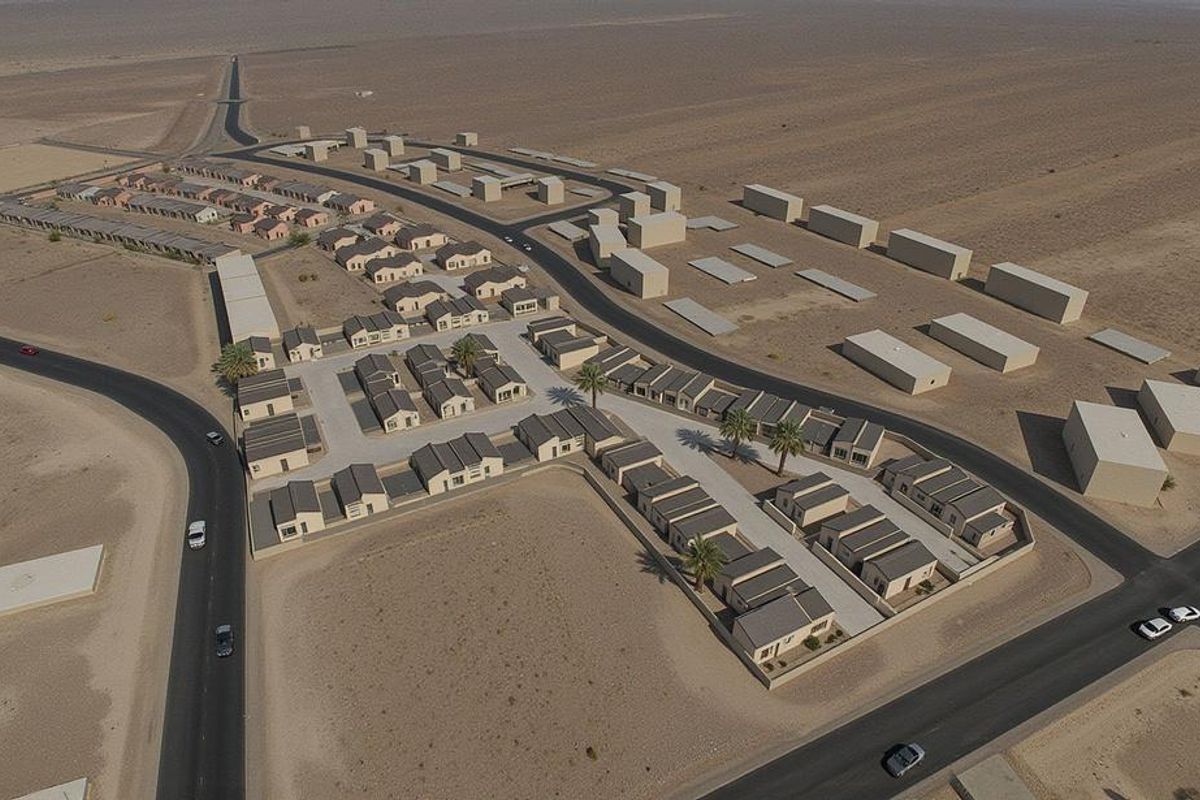 Aerial view of a residential townhouse development featuring paved access roads, boundary walls, and landscaped palm trees in a desert setting.