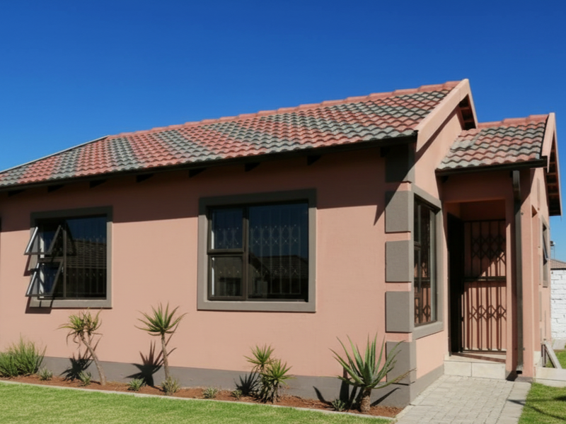 A well-maintained single-story house featuring a tiled roof, neutral exterior paint, paved entrance walkway, and secure aluminium window frames.