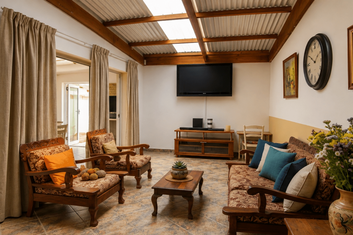 A cozy living room featuring a rustic exposed beam ceiling with skylights, tiled flooring, and large sliding glass doors leading to an outdoor area.