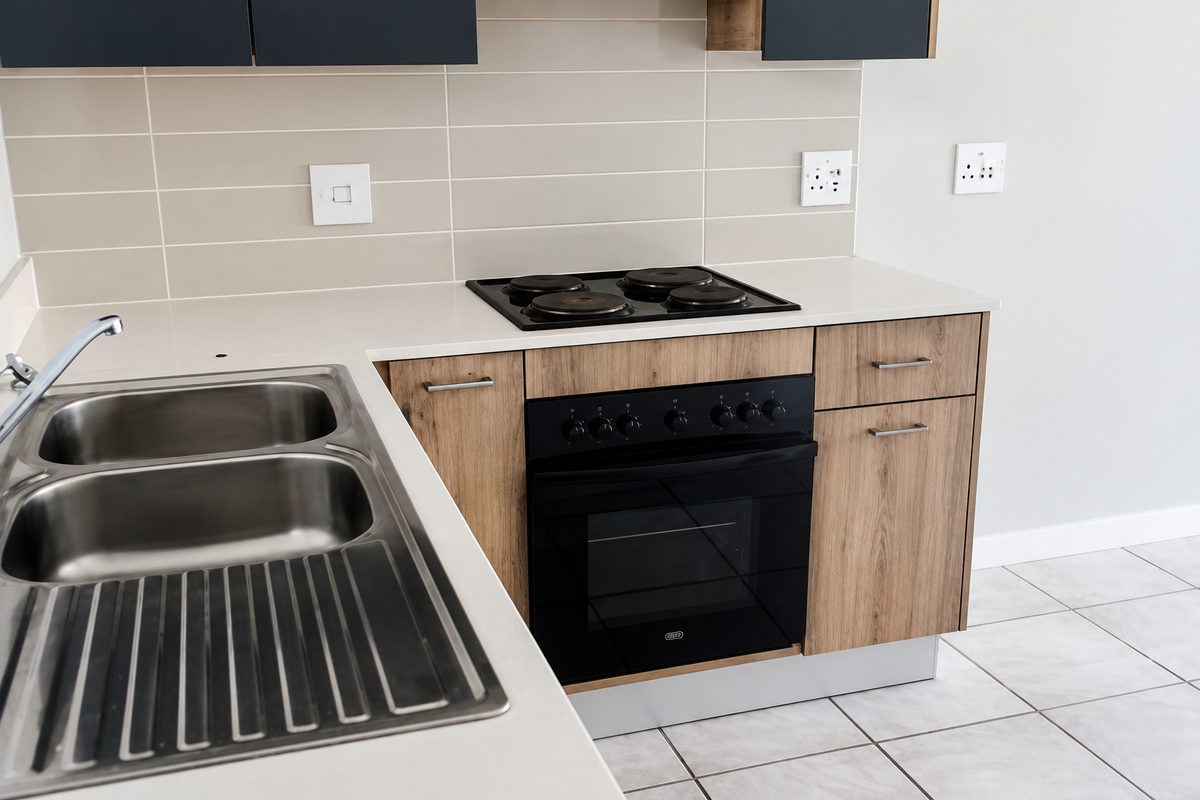 Modern kitchen featuring wood-finish cabinetry, stone countertops, a built-in oven with electric hob, and a double stainless steel sink with tiled splashback.