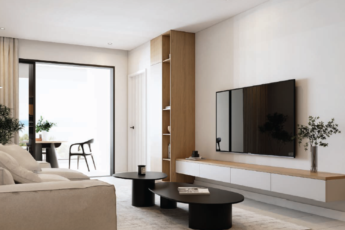 Modern living room featuring a sleek floating media console, custom built-in cabinetry, and large sliding glass doors leading to an outdoor balcony.