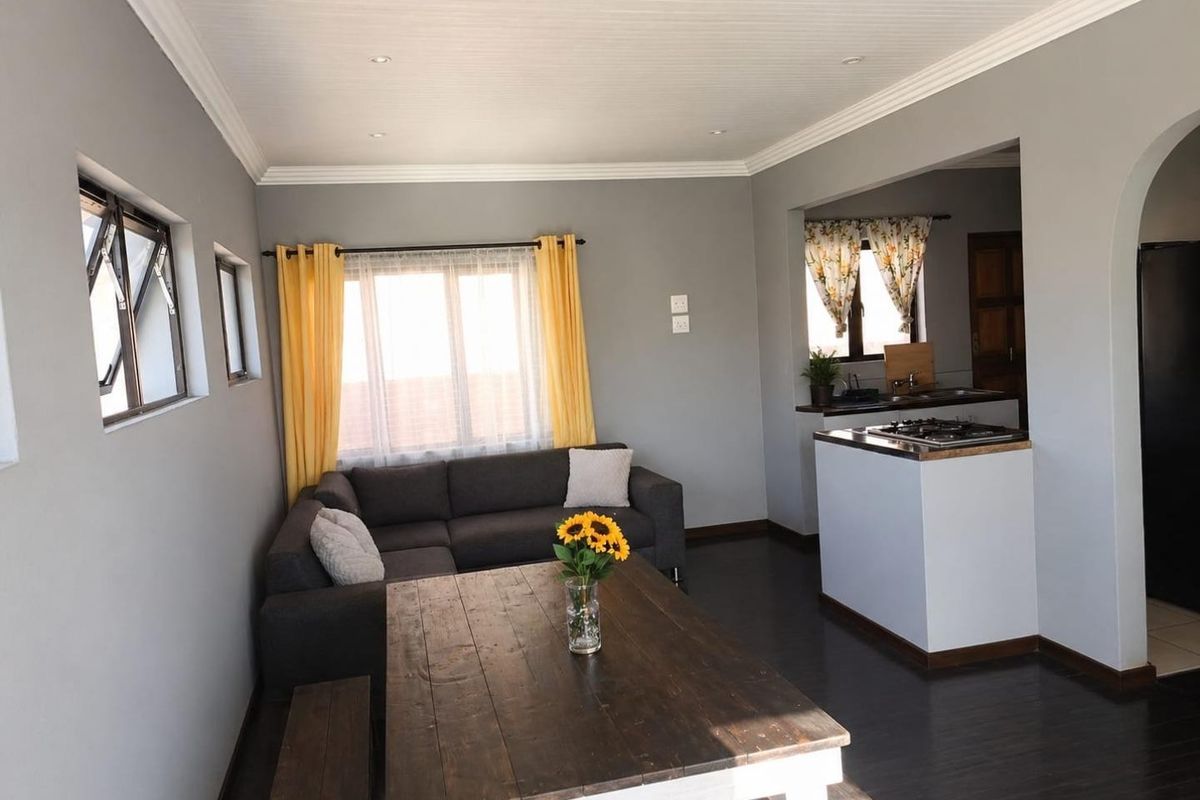 Open-plan living and kitchen area featuring dark timber flooring, neutral grey walls, recessed lighting, and a functional kitchen layout with a built-in gas cooktop.