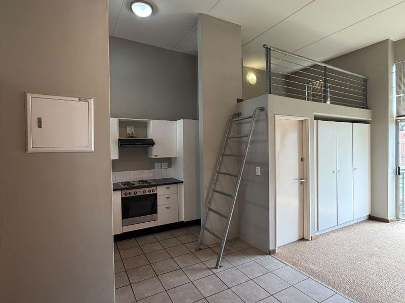 Open-plan apartment living area featuring a compact kitchen, tiled flooring, built-in storage, and a mezzanine level accessed by a metal ladder.