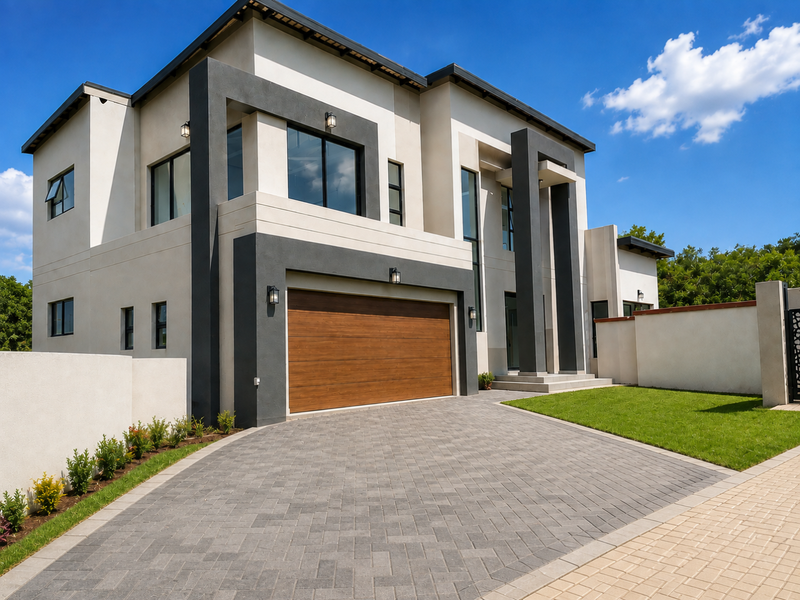 Modern double-storey residential property featuring a contemporary facade, paved driveway, automated garage, and well-maintained front lawn.