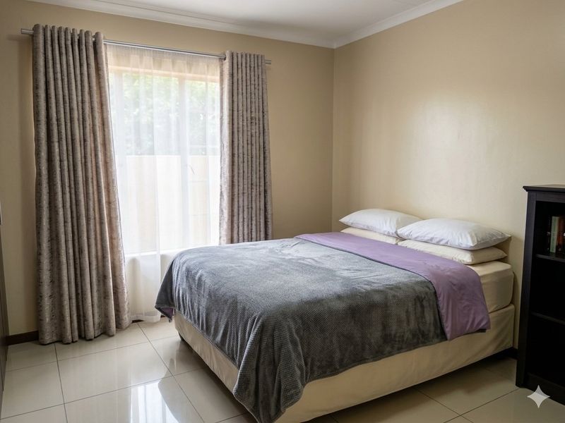 A well-maintained bedroom featuring neutral wall tones, large windows with curtain tracks, and polished tiled flooring.
