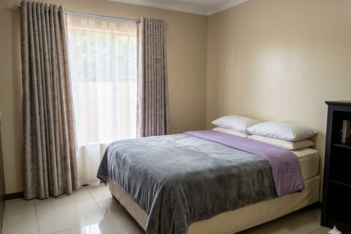 A well-maintained bedroom featuring neutral wall tones, large windows with curtain tracks, and polished tiled flooring.