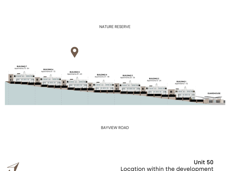 A site plan diagram illustrating the layout and positioning of buildings within the residential development, highlighting the location of unit 50.