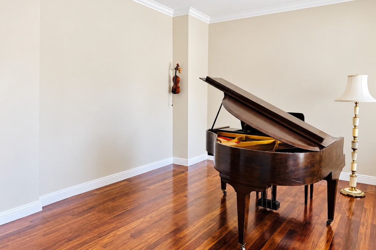 A bright living area featuring polished hardwood flooring, elegant crown molding, and recessed ceiling lighting, providing a clean and neutral space.