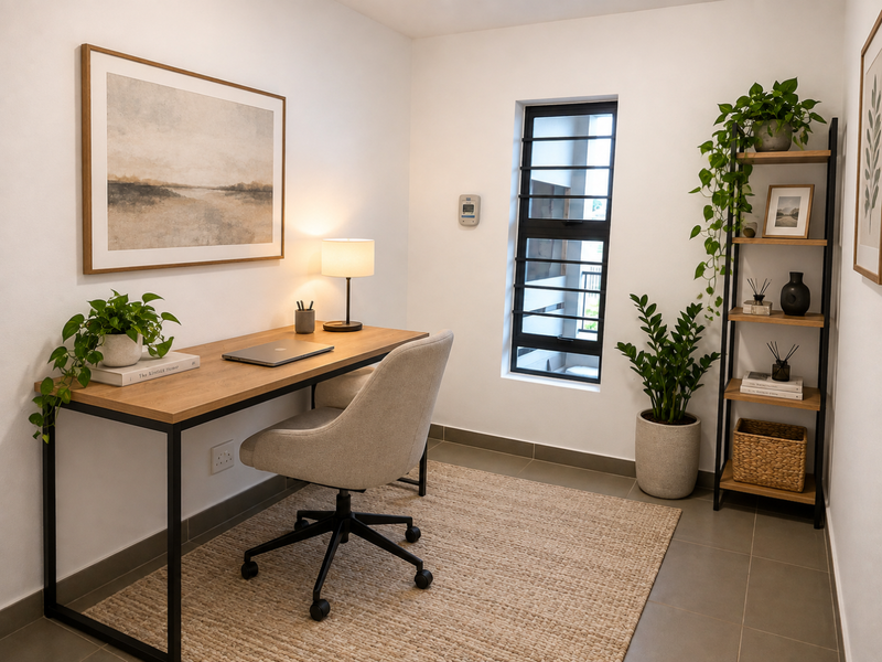A well-lit, modern home office featuring neutral finishes, tiled flooring, and a secure window with metal bars.