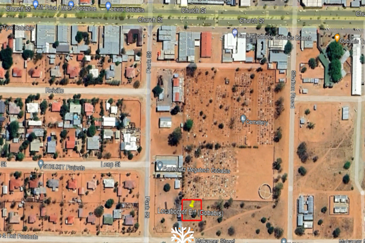 An aerial view of the property location in Gobabis, highlighting the erf position within the surrounding urban and commercial infrastructure.