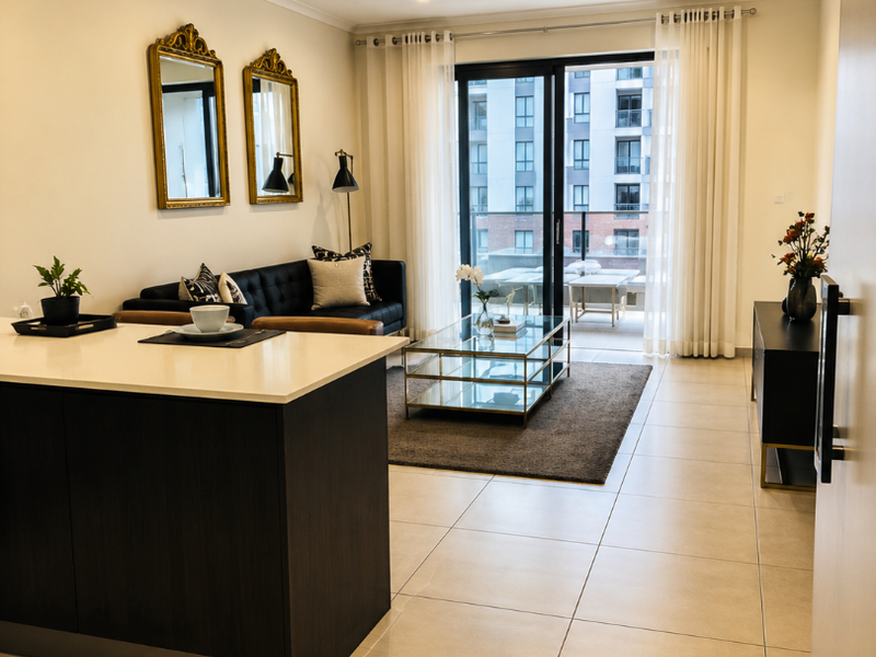 Modern open-plan living area featuring tiled flooring, recessed lighting, and a kitchen island, with direct access to a private balcony through sliding glass doors.