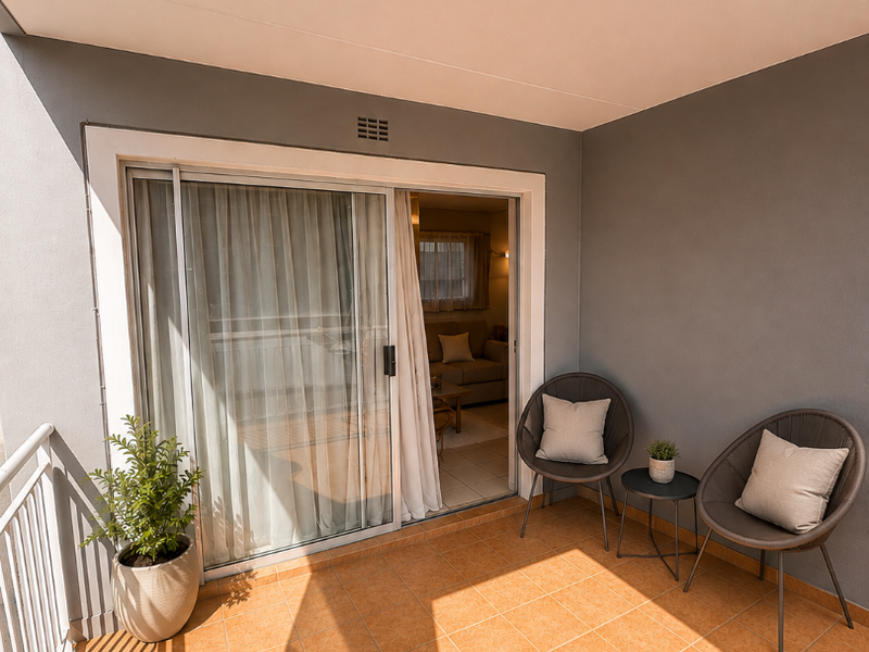 A covered balcony featuring tiled flooring, a metal balustrade, and a sliding glass door providing access to the interior living space.