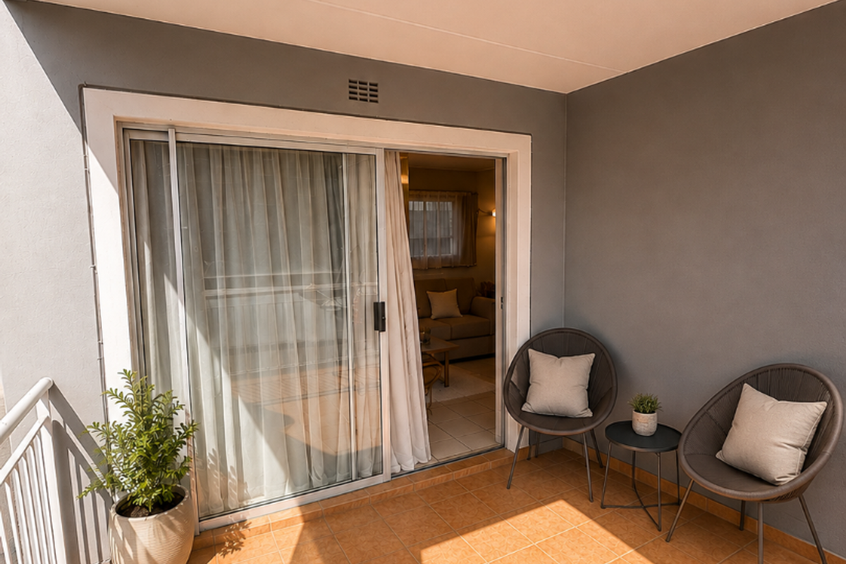 A covered balcony featuring tiled flooring, a metal balustrade, and a sliding glass door providing access to the interior living space.