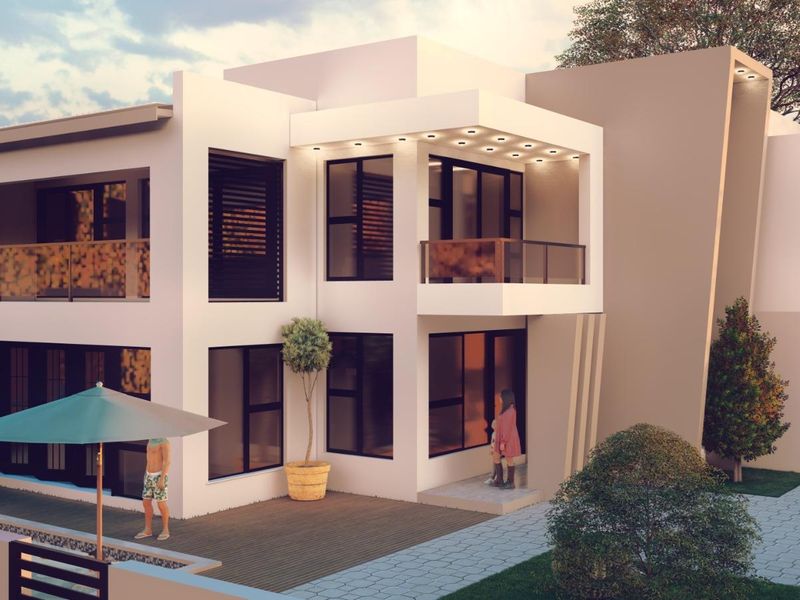 Modern two-story residential property featuring clean architectural lines, recessed exterior lighting, glass balustrades, and a combination of paved and decked outdoor areas.