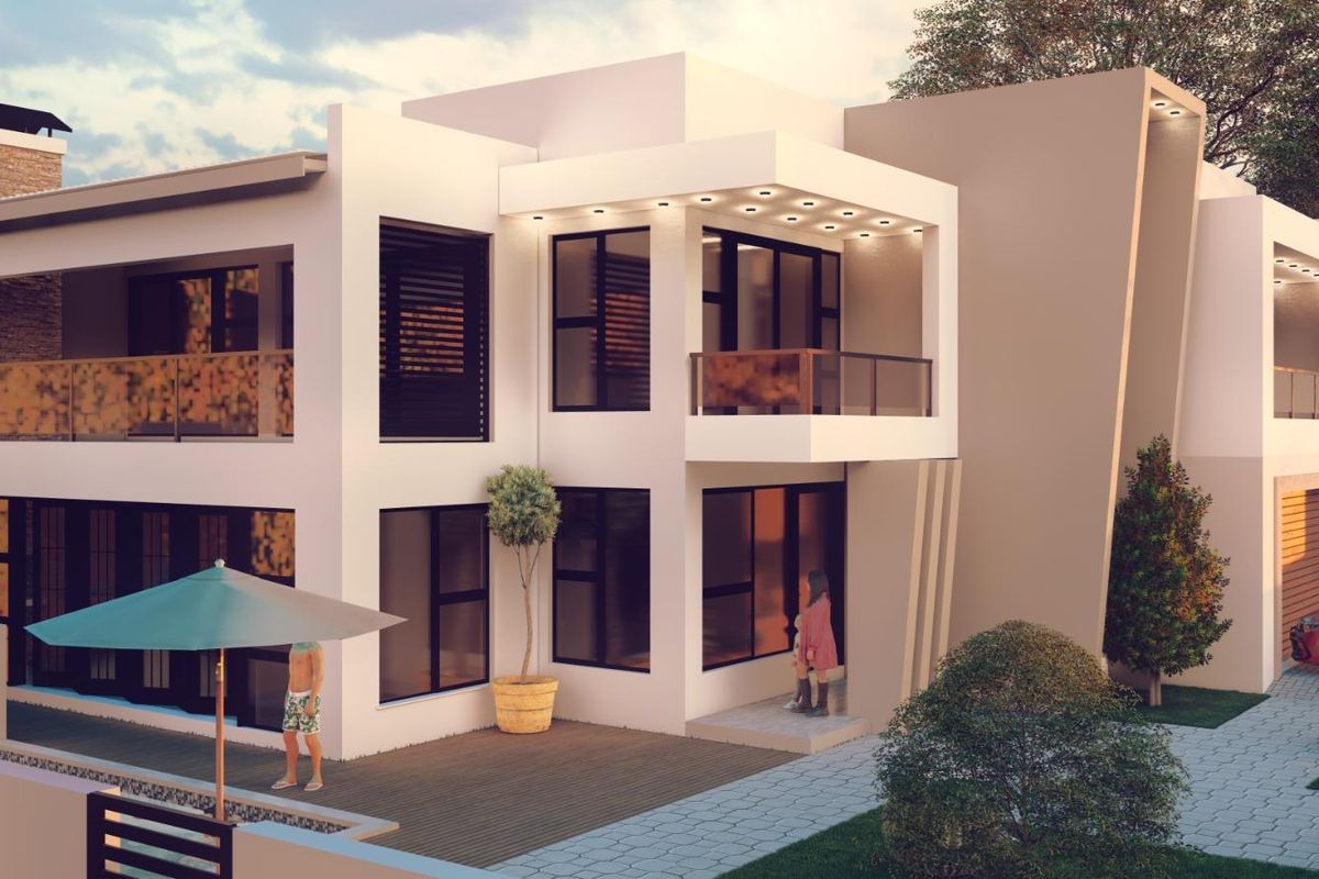 Modern two-story residential property featuring clean architectural lines, recessed exterior lighting, glass balustrades, and a combination of paved and decked outdoor areas.