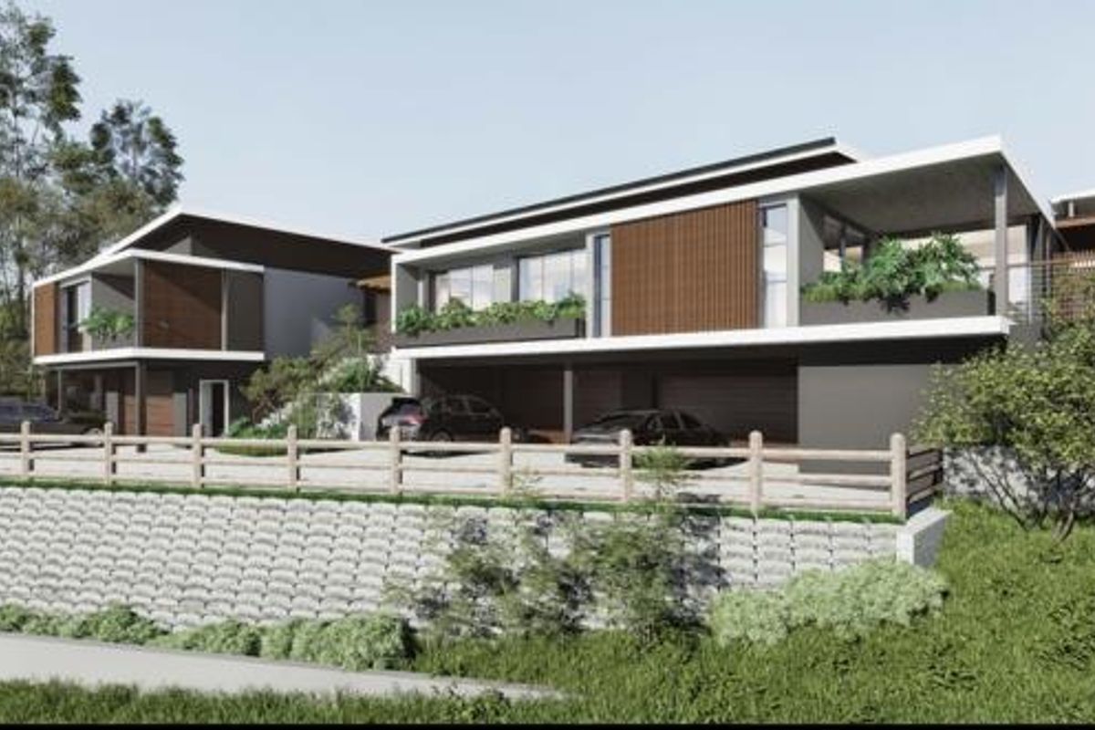 A modern architectural rendering of a multi-level residential property featuring contemporary facade design, integrated garages, and elevated balcony spaces.