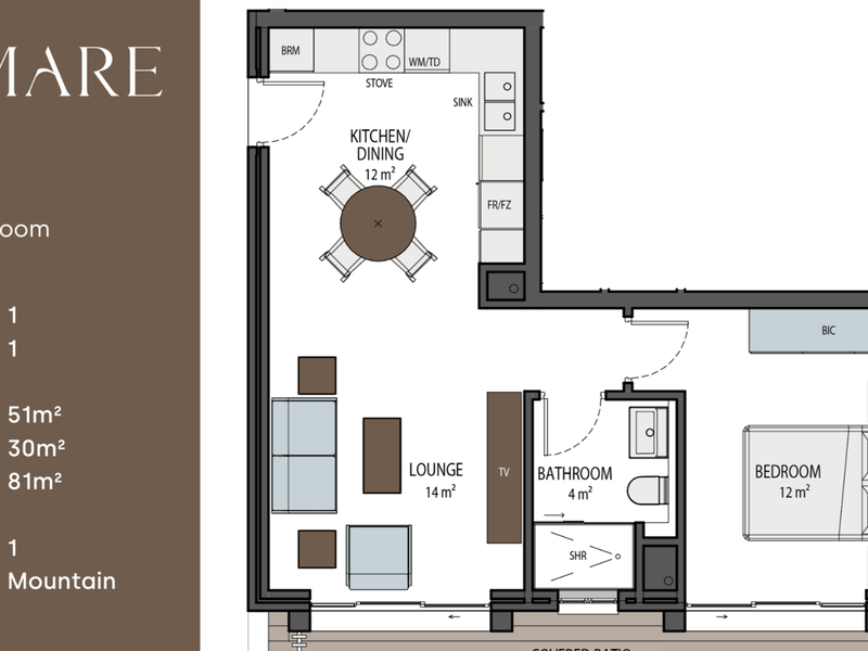 A detailed floor plan for a one-bedroom apartment unit, showcasing the layout of the kitchen, dining, lounge, bathroom, bedroom, and covered patio.
