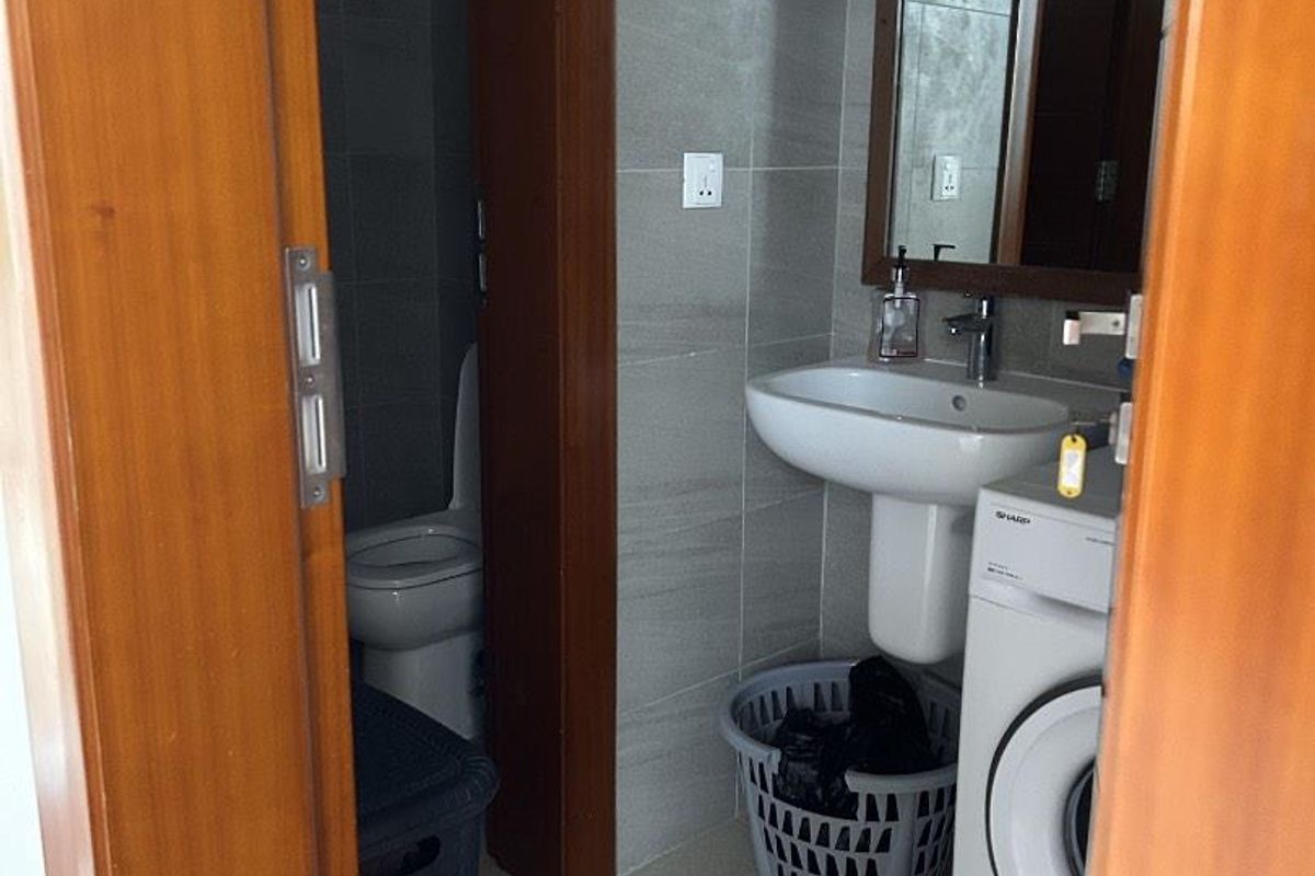 A compact bathroom featuring a pedestal sink, wall-mounted mirror, and a toilet, with integrated laundry facilities.