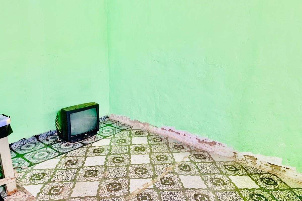 A sparse living area featuring patterned floor tiles and green walls showing signs of wear and moisture damage.