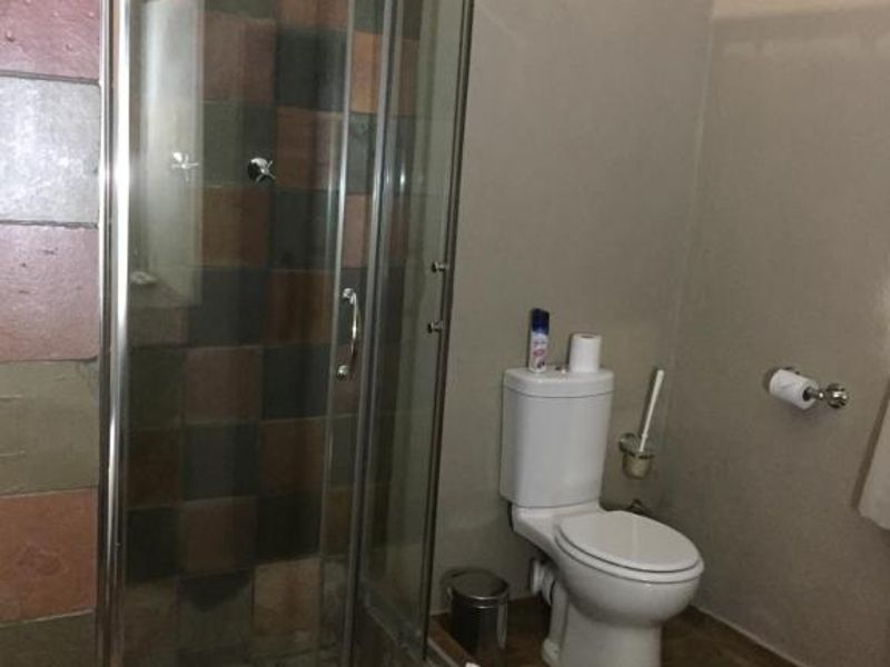 A functional bathroom featuring a glass-enclosed shower with multi-colored tiled walls and matching floor tiles, alongside a standard white toilet.