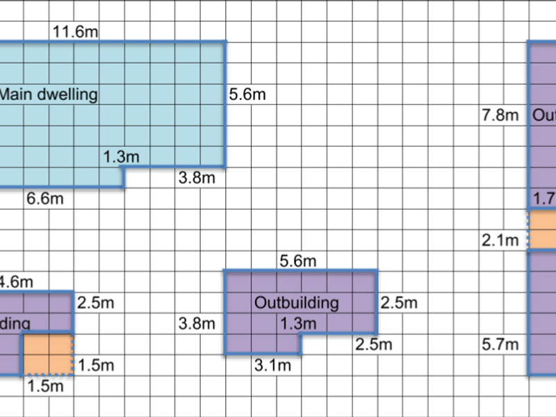 A grid-based floor plan diagram illustrating the layout and dimensions of the main dwelling and three separate outbuildings on the property.
