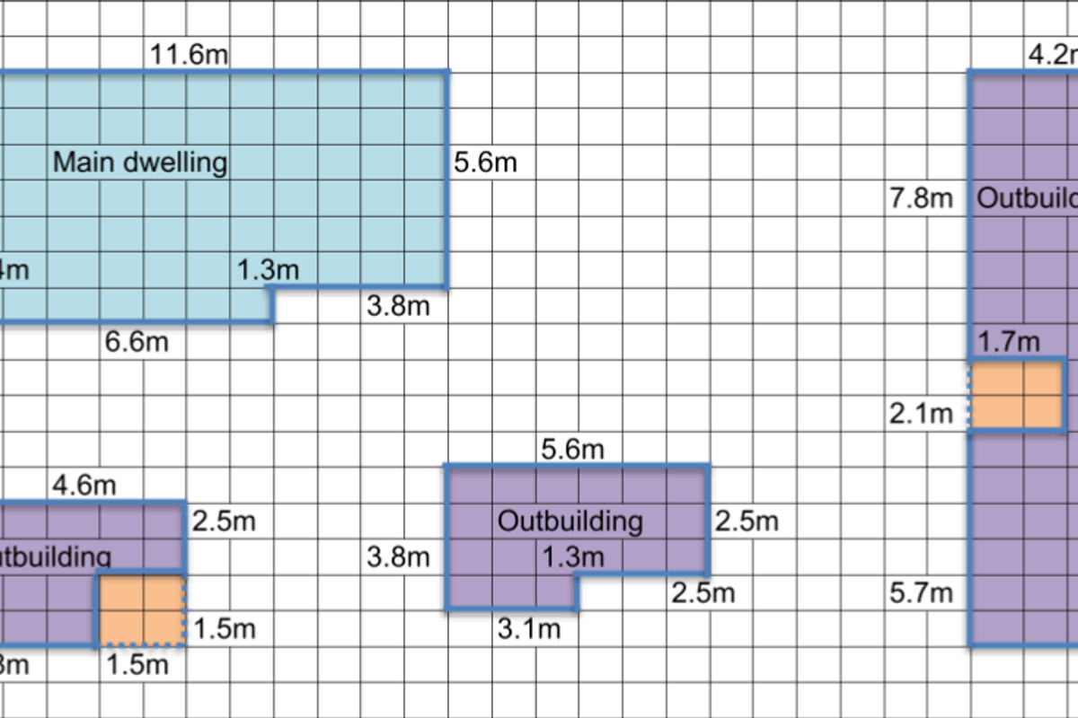 A grid-based floor plan diagram illustrating the layout and dimensions of the main dwelling and three separate outbuildings on the property.
