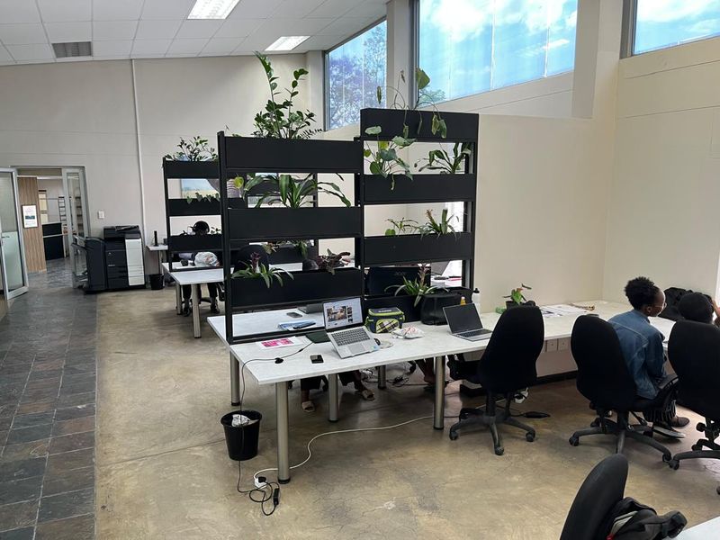 Open-plan office space featuring high ceilings, large windows for natural light, slate flooring, and integrated privacy dividers between workstations.