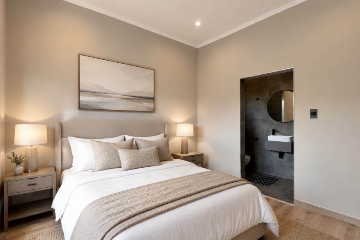 A modern, well-lit bedroom featuring timber flooring, neutral tones, and an integrated en-suite bathroom with a contemporary wall-mounted basin.