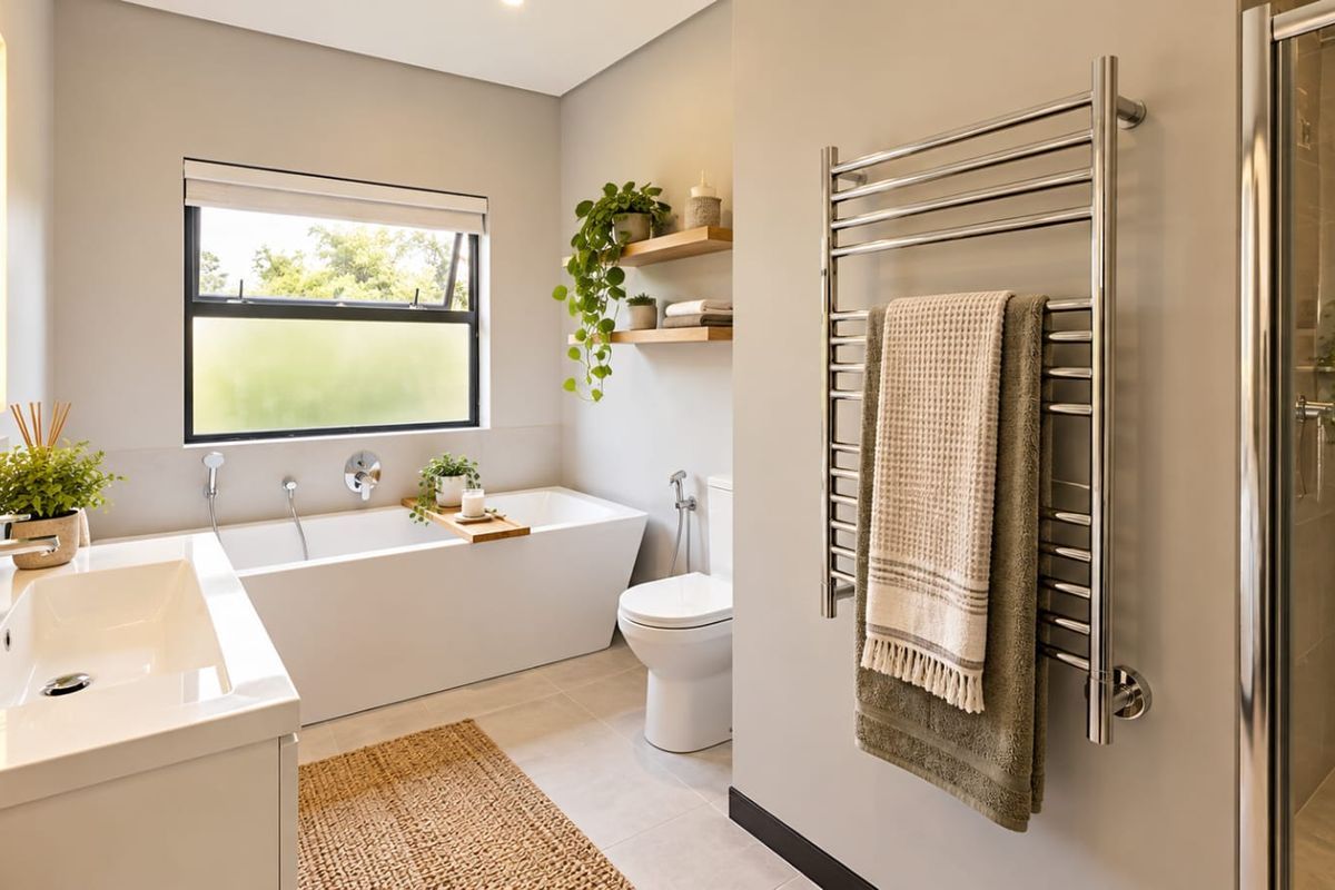 Modern, well-appointed bathroom featuring a freestanding bathtub, walk-in shower, wall-mounted toilet, and a sleek vanity with an illuminated mirror.