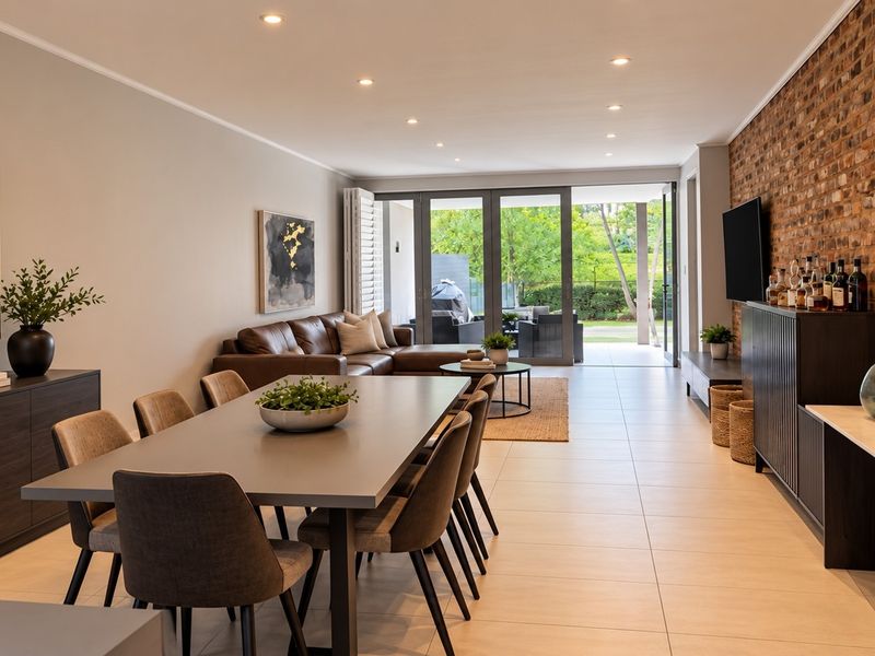 Spacious open-plan living and dining area featuring an exposed brick feature wall, modern tiled flooring, and seamless access to the outdoor patio.