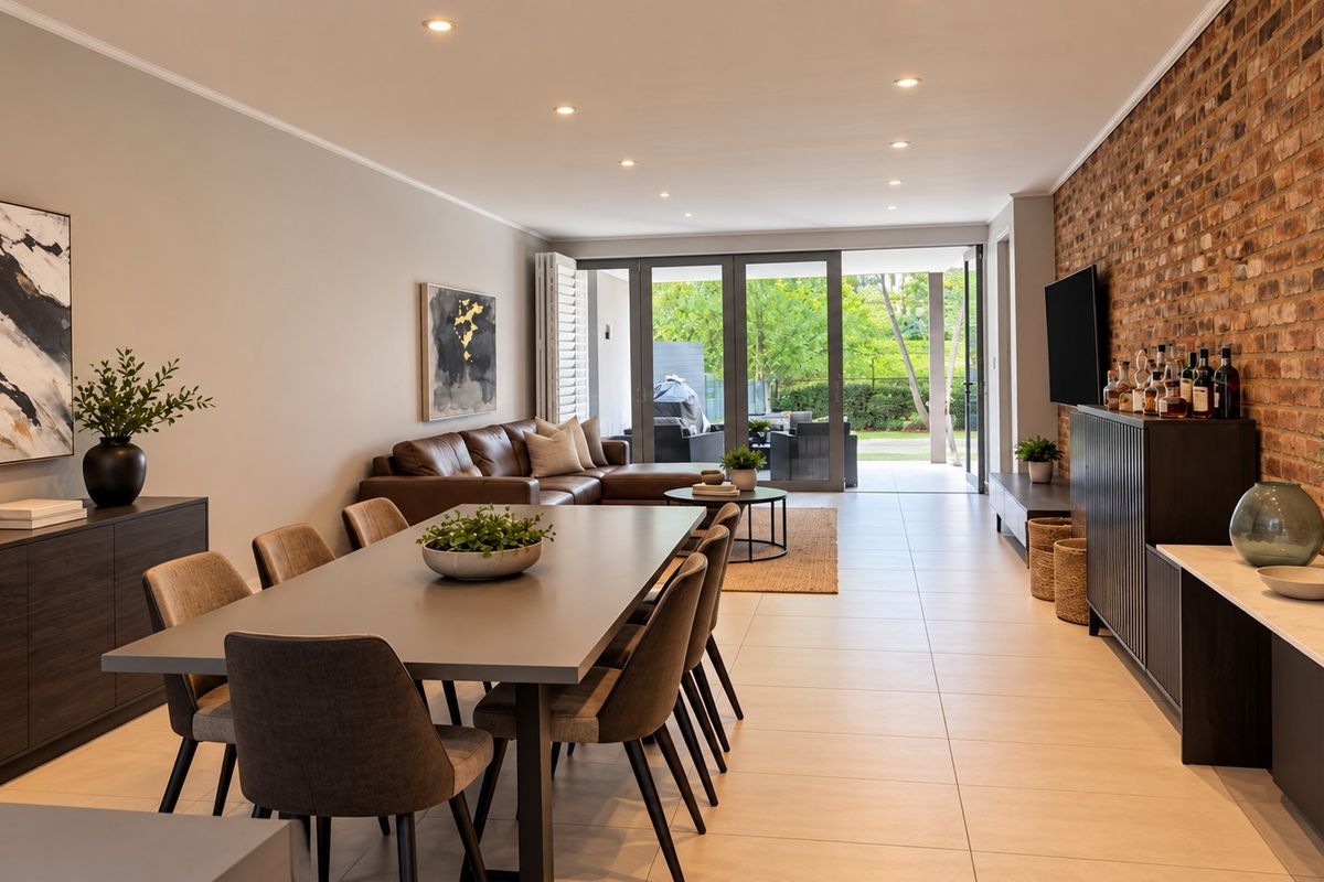 Spacious open-plan living and dining area featuring an exposed brick feature wall, modern tiled flooring, and seamless access to the outdoor patio.