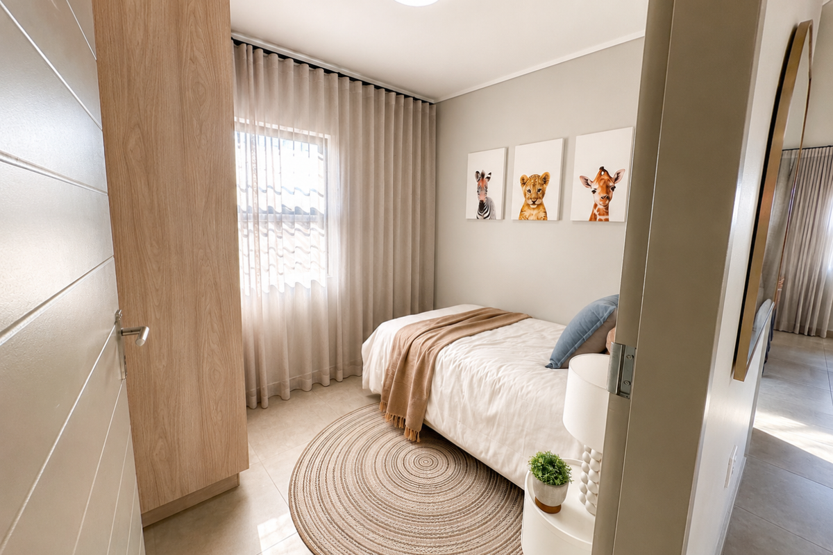 A well-maintained bedroom featuring built-in light wood cabinetry, neutral floor tiles, and floor-to-ceiling curtains, offering a clean and modern living space.