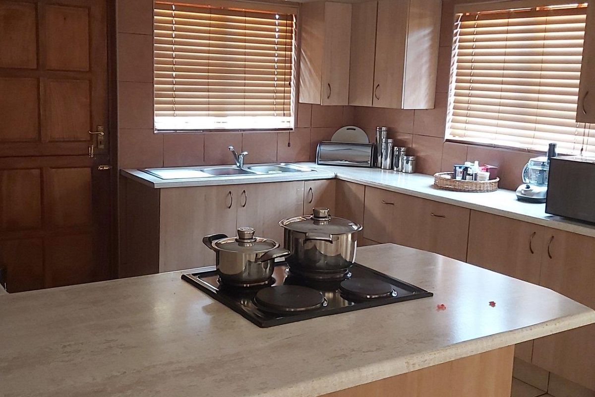 A functional kitchen featuring light wood cabinetry, laminate countertops, a built-in electric hob, and tiled splashbacks with dual windows.