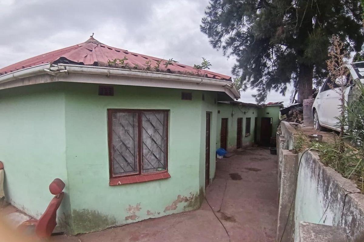 Rear exterior view of a single-story house showing concrete paving, security bars on windows, and visible maintenance requirements on the roof and walls.