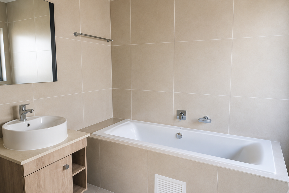 A modern bathroom featuring a built-in bathtub, a vanity cabinet with a countertop basin, and neutral wall tiling.