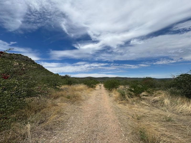 A wide-angle view of the expansive farm landscape featuring a dirt access path winding through natural vegetation and rolling hills under a cloudy sky.