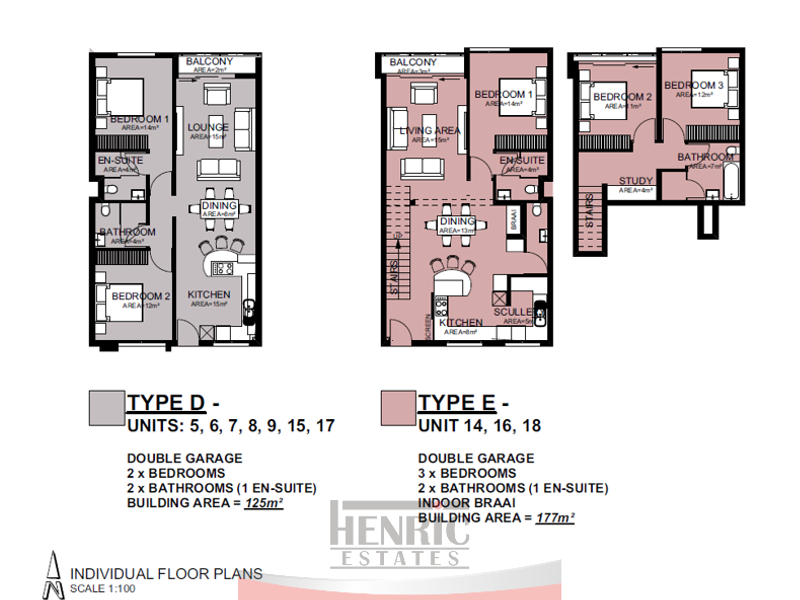 Architectural floor plans for Type D and Type E apartment units, detailing room layouts, dimensions, and unit specifications.