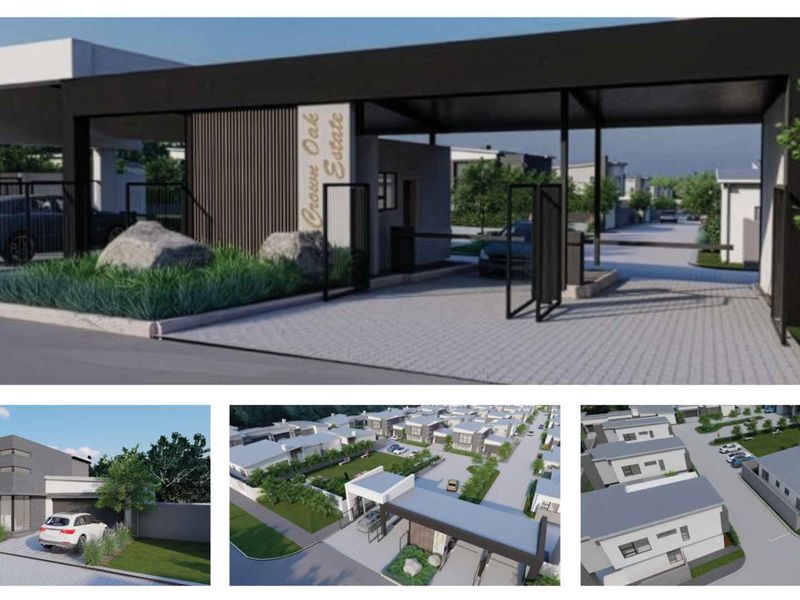 A composite view of the Crown Oak Estate entrance and residential townhouse layout, featuring modern architectural design, secure access, and landscaped grounds.