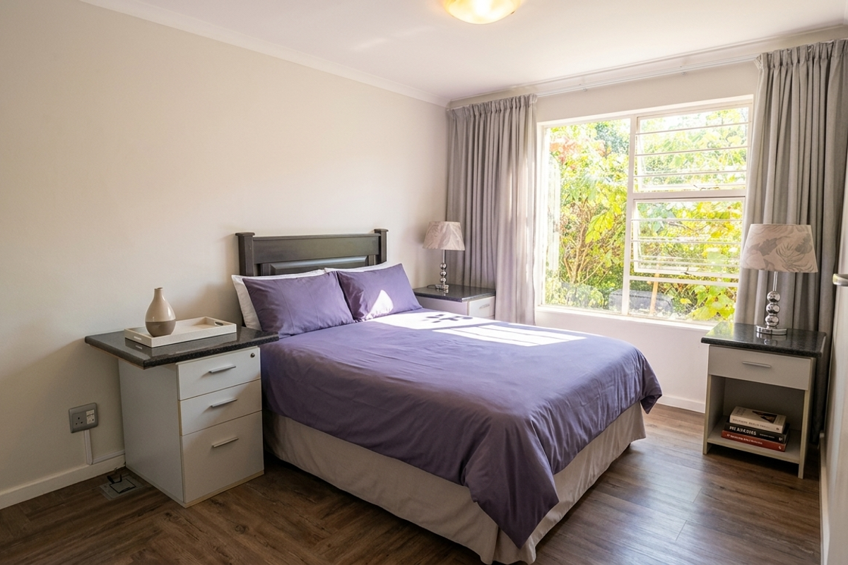 A well-maintained bedroom featuring laminate flooring, neutral walls, and a large window with security bars, providing natural light and a pleasant garden view.