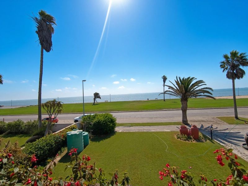 A scenic elevated view overlooking a coastal road, green lawn, and the ocean, featuring a well-maintained garden with palm trees.