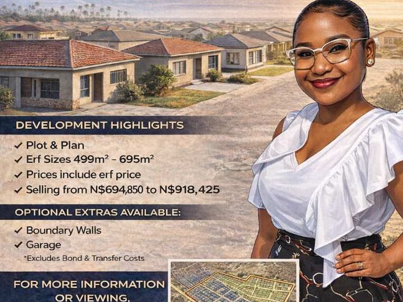 Promotional marketing flyer for Omuthiya Extension 6 residential development featuring plot and plan housing options.