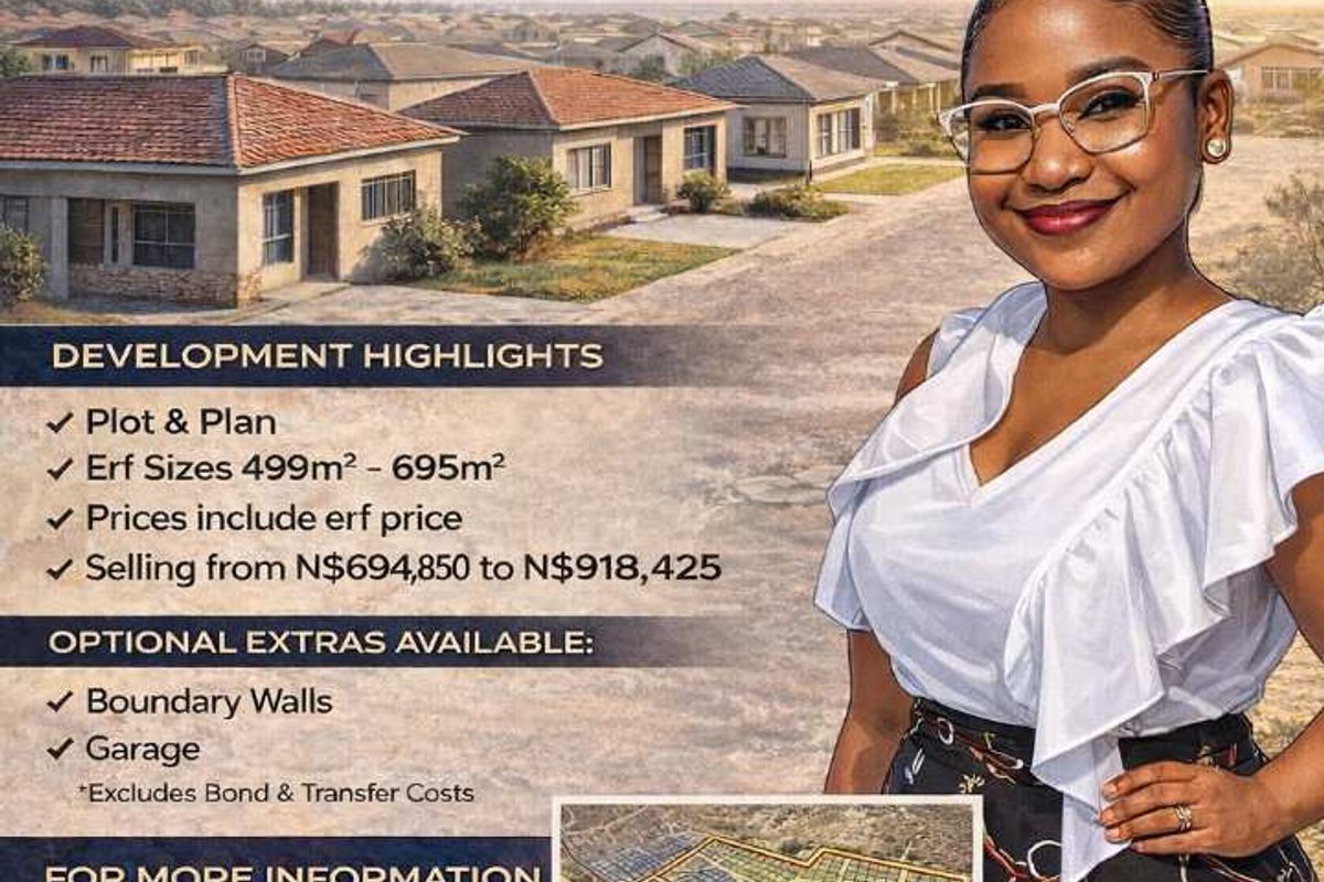 Promotional marketing flyer for Omuthiya Extension 6 residential development featuring plot and plan housing options.