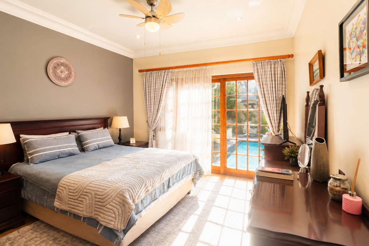 A well-maintained bedroom featuring a ceiling fan, crown molding, and sliding glass doors that open directly to a private swimming pool area.