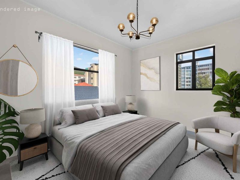 A bright and modern bedroom featuring large casement windows and a contemporary chandelier, offering a clean and well-maintained living space.