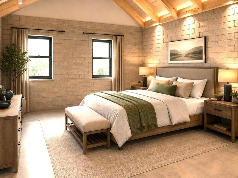Spacious bedroom featuring exposed timber rafters, textured brick walls, and warm recessed lighting, creating a cozy and inviting atmosphere.