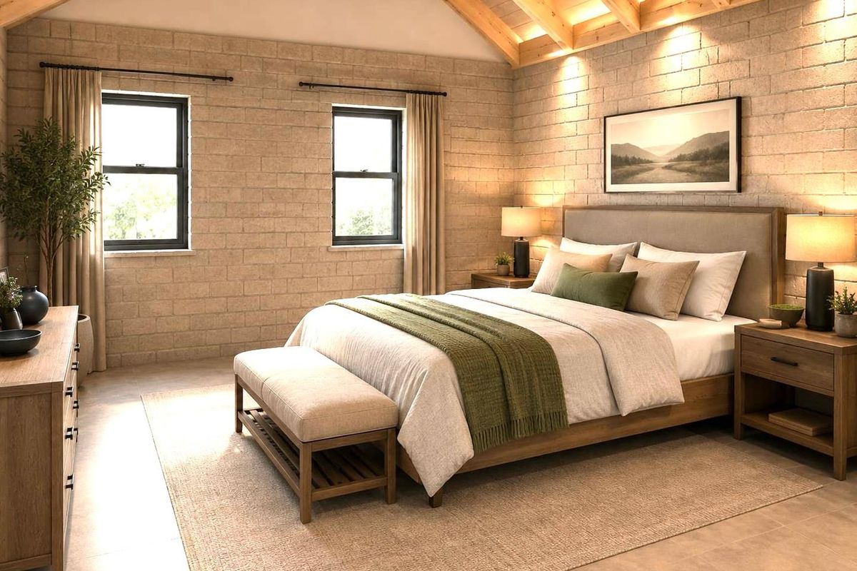 Spacious bedroom featuring exposed timber rafters, textured brick walls, and warm recessed lighting, creating a cozy and inviting atmosphere.