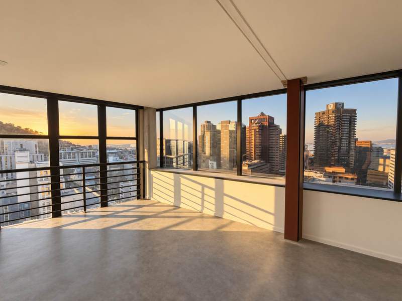 A bright, empty living area featuring expansive floor-to-ceiling windows with panoramic city views and modern concrete flooring.